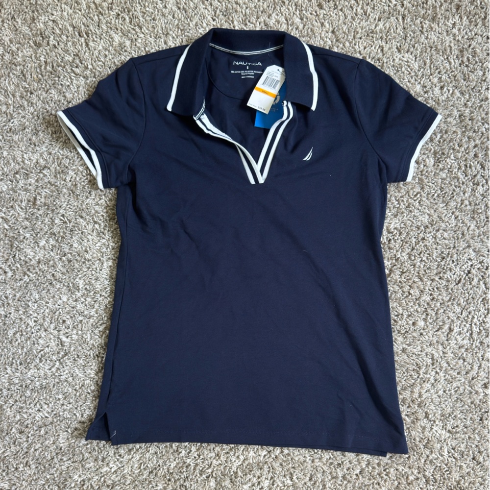 NWT Nautica Blue Polo Shirt with White Trim
